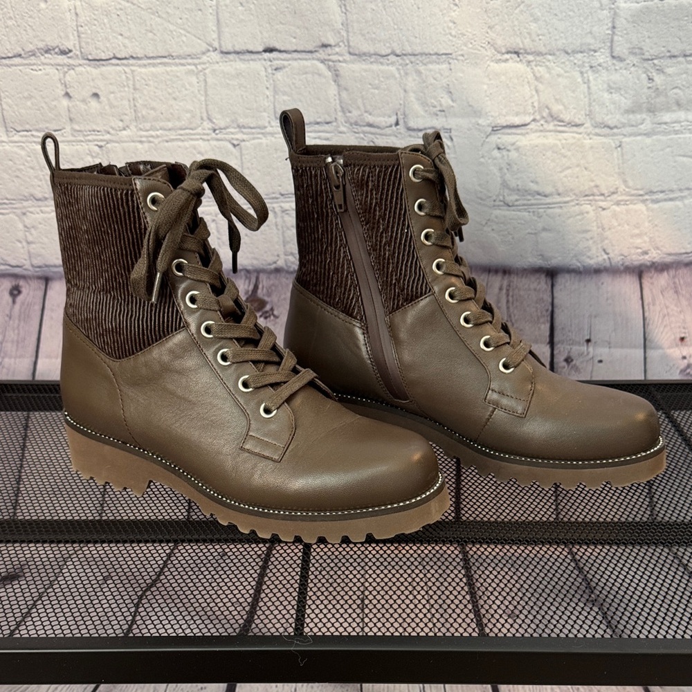 Vaneli Olive Brown Lace-Up Combat Boots with Ribbed Ankle
